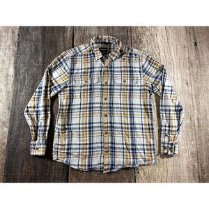 Prana Shirt Mens Med Long Sleeve Button Front Cream Gold Blue Lightweigh…